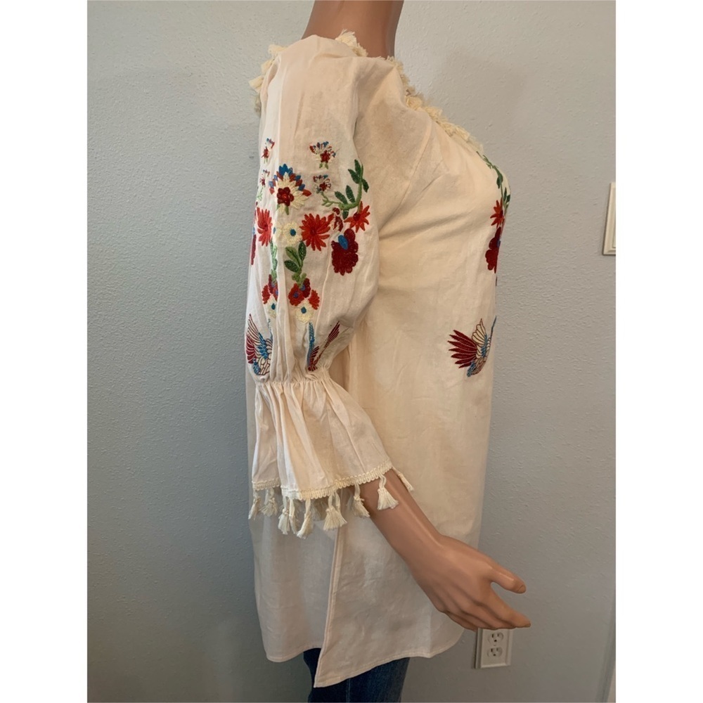 Tan Embroidered Floral, Bird Design and Ruffled, Tasseled 3/4 Sleeve Tunic - Picture 7 of 14
